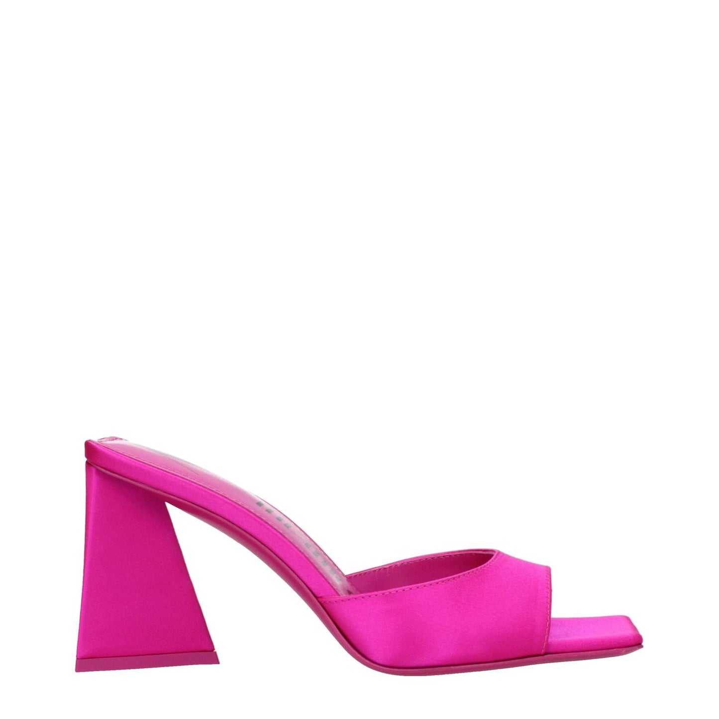 The Attico Pink Satin Stiletto Heel Sandals with open toe and mid heels, featuring a stylish fuchsia satin design with leather sole.