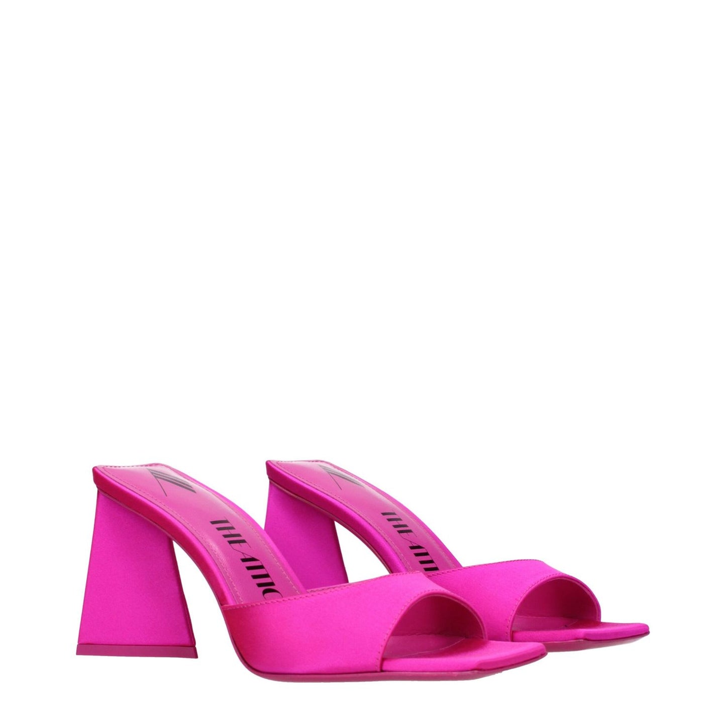 The Attico Pink Satin Stiletto Heel Sandals with open toe design and 8.5 cm leather mid heels, stylish fuchsia footwear for elegant occasions.