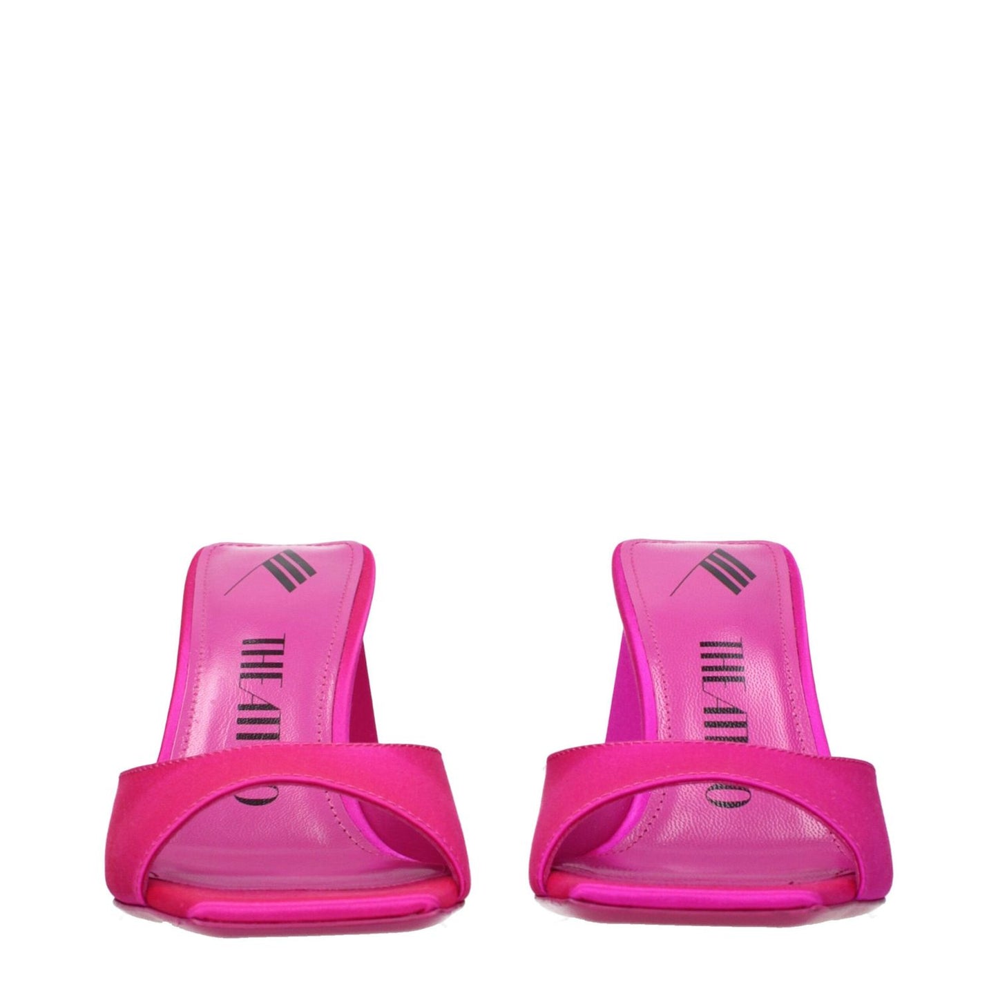 The Attico Pink Satin Stiletto Heel Sandals with open toe and leather sole, 8.5cm mid heel, stylish fuchsia color, product code F81691.