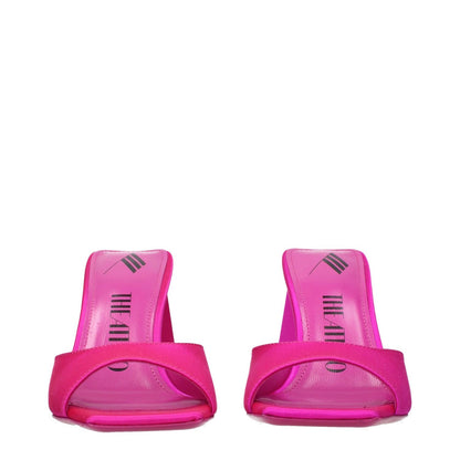 The Attico Pink Satin Stiletto Heel Sandals with open toe and leather sole, 8.5cm mid heel, stylish fuchsia color, product code F81691.