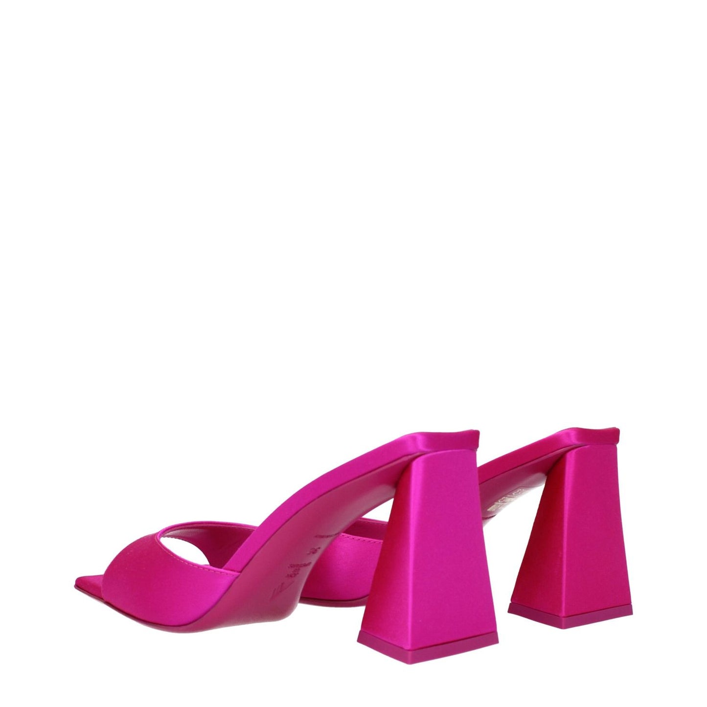 The Attico Pink Satin Stiletto Heel Sandals with open toe and mid heels, crafted in fuchsia satin with leather sole, heel height 8.5 cm.