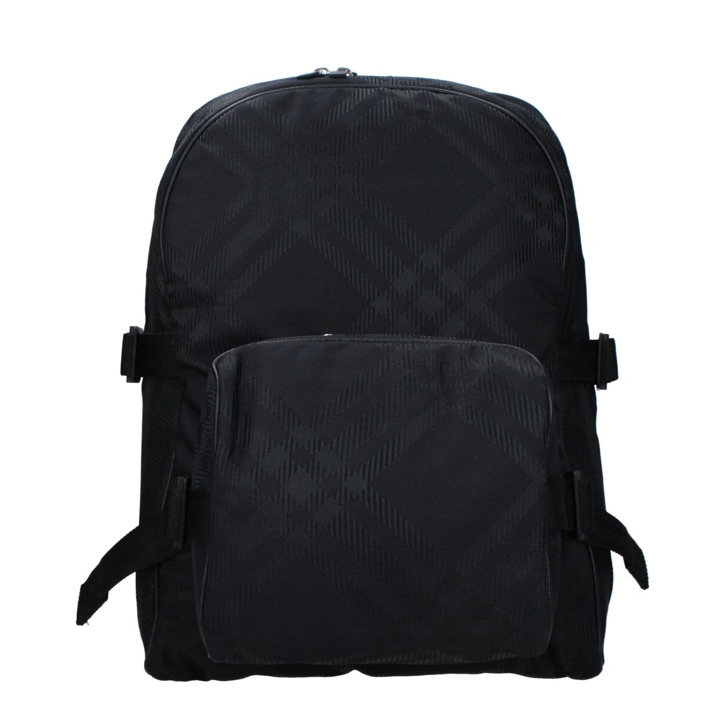 Burberry Black Fabric Backpack with zip closure, adjustable straps, and external pocket, featuring silver color details. Casual large size.