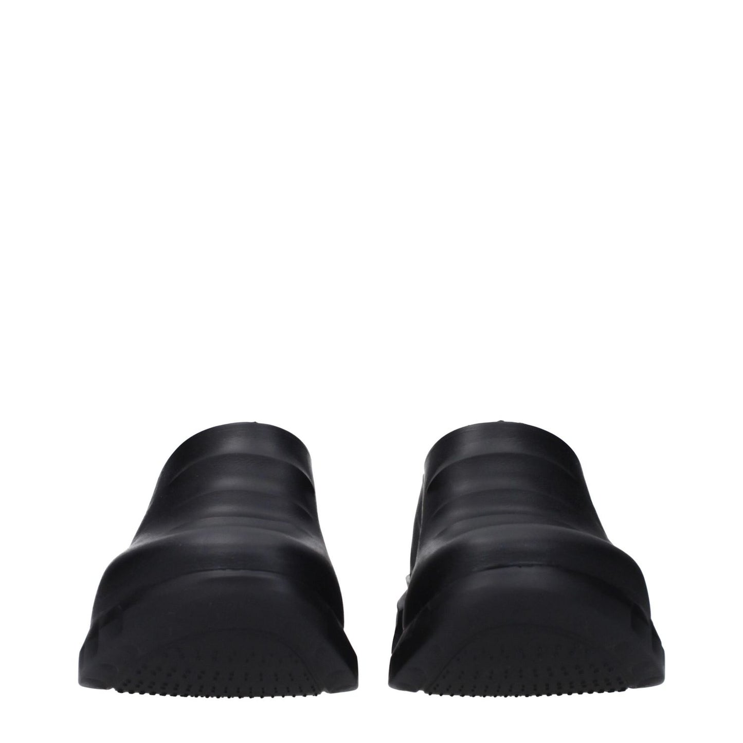 Front view of Givenchy Black Cotton Slippers with rubber sole and round toe, showcasing side and back logo, casual style with wedge heel.
