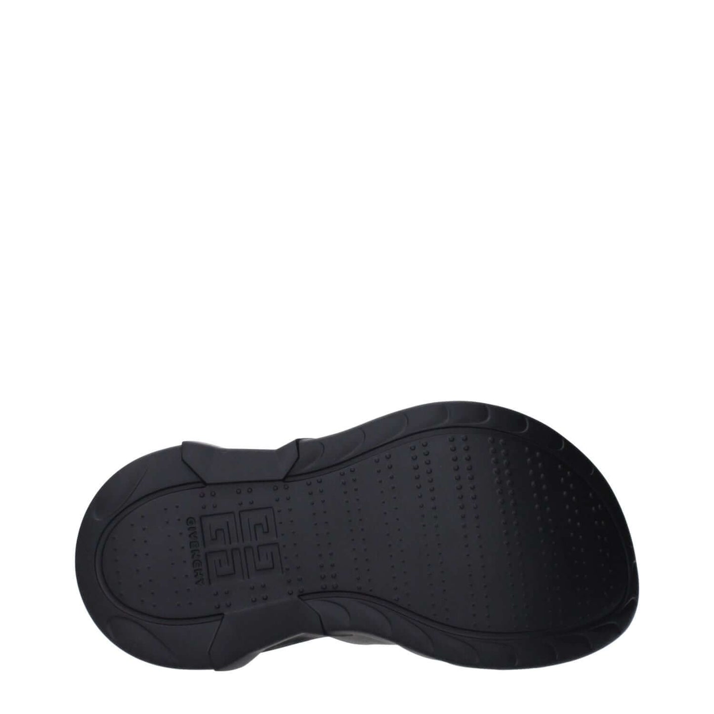 Bottom sole view of Givenchy Black Cotton Slippers, featuring a rubber sole with logo on the side and back, wedge heel, and round toe design.