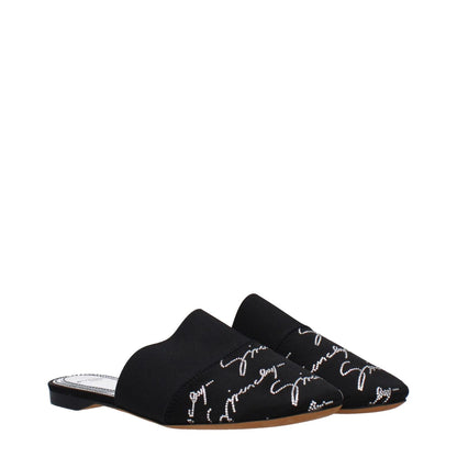 Givenchy Black Satin Slippers with logo front detail and round toe, featuring leather sole and low flat heel.