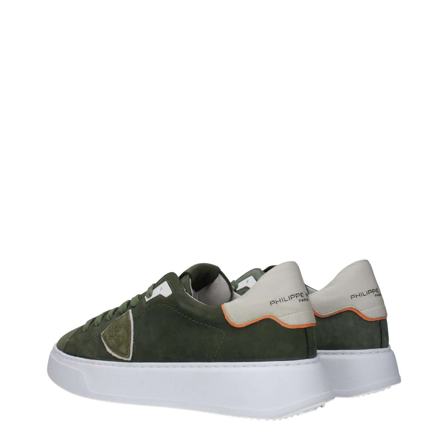 Philippe Model Green Leather Low Top Sneakers with front logo, side detail, and back logo on white sole.