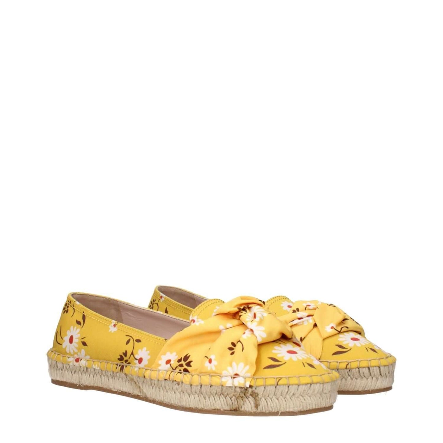 Miu Miu Yellow Fabric Espadrilles with floral design and front detail on woven sole.