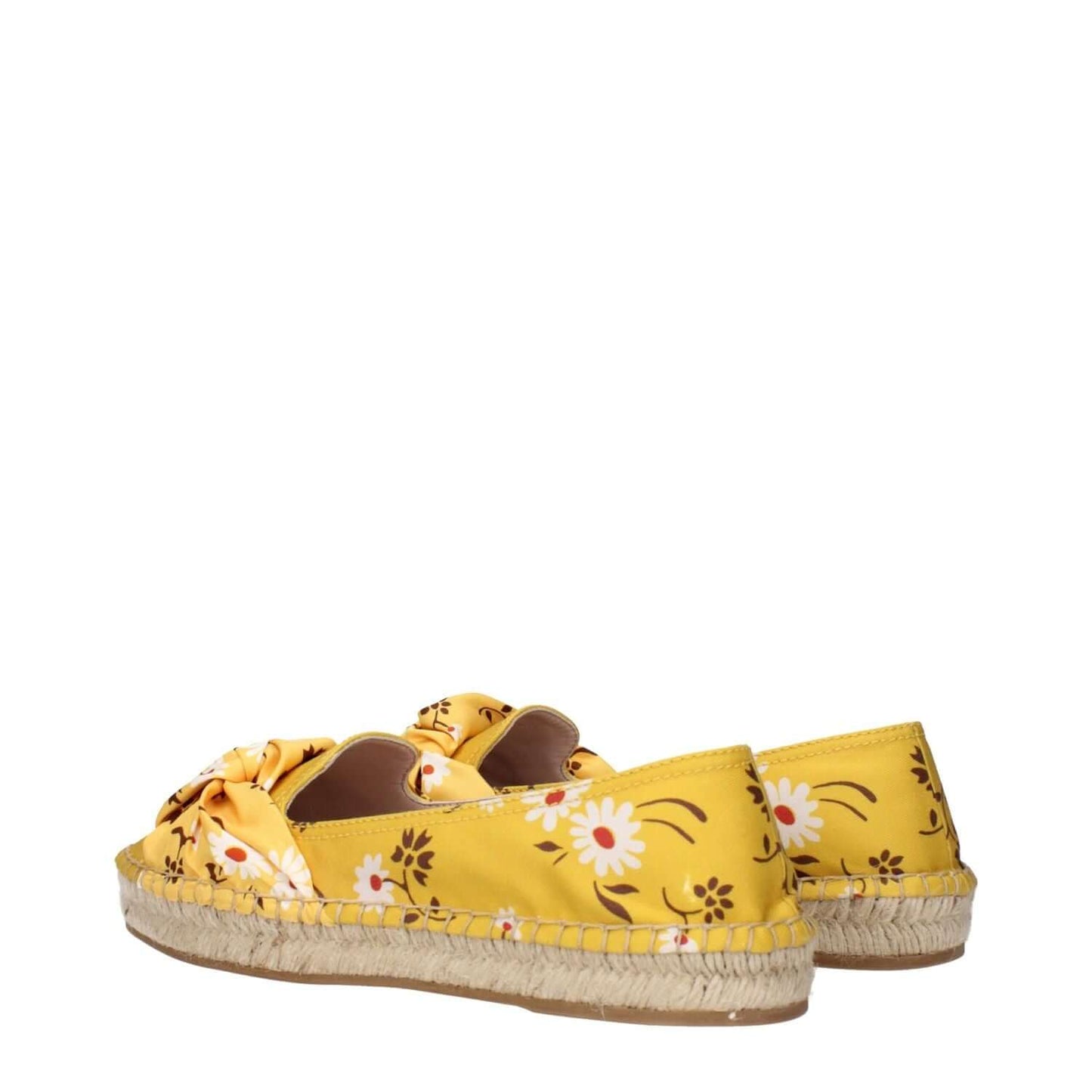 Miu Miu Yellow Fabric Espadrilles with floral detail and woven sole, side view.