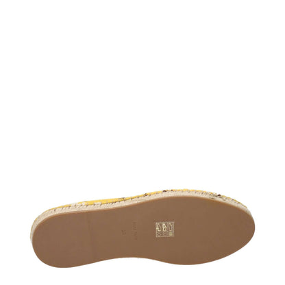 Sole view of Miu Miu Yellow Fabric Espadrilles with brown durable sole, showcasing detailed stitching and quality craftsmanship.