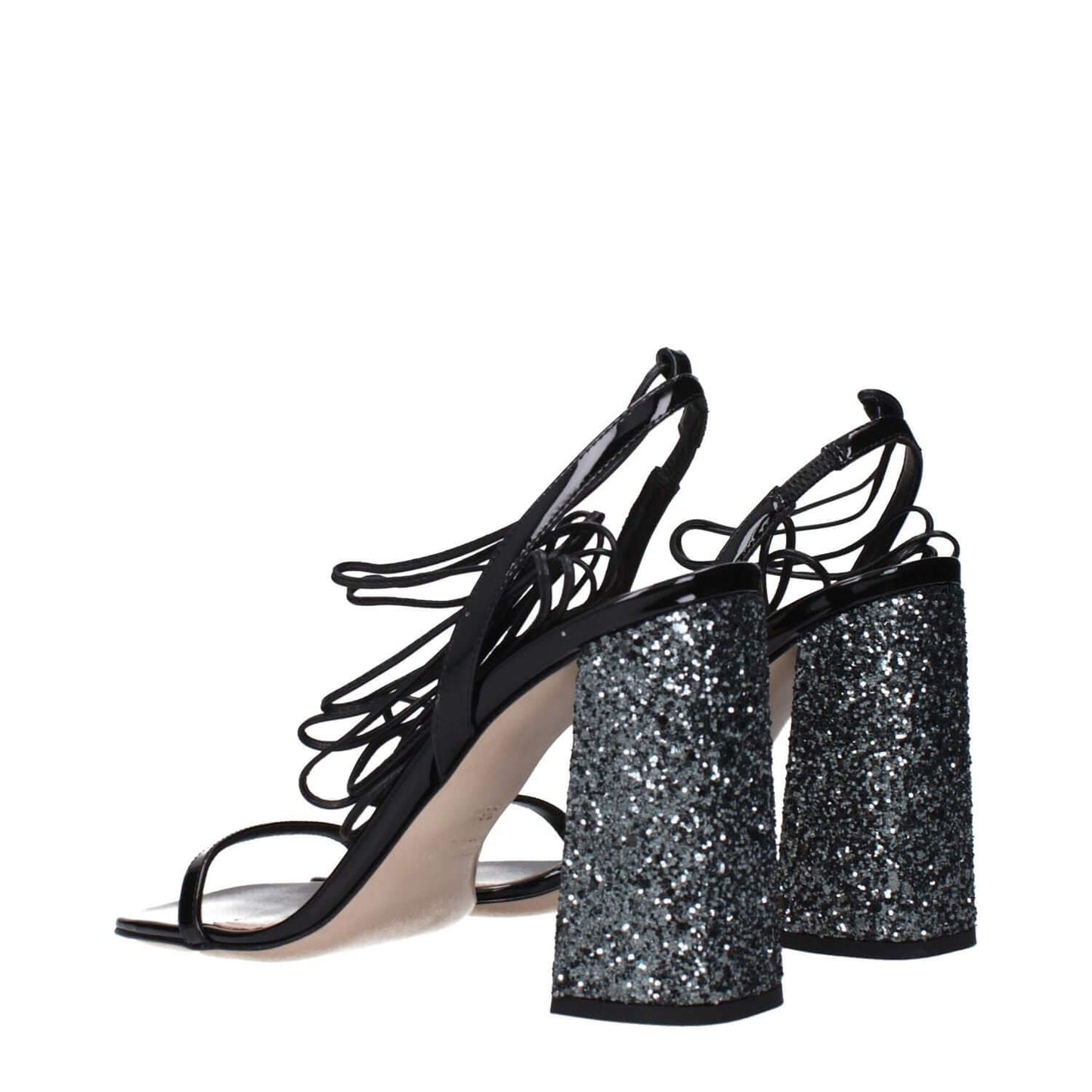 Miu Miu Black Leather Platform Sandals with glitter block heels and lace-up design.