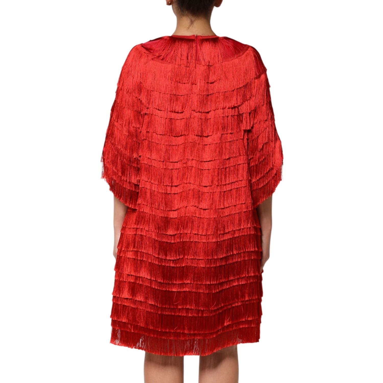 Dolce & Gabbana Red Silk Tiers Fringe Shift Knee Length Dress