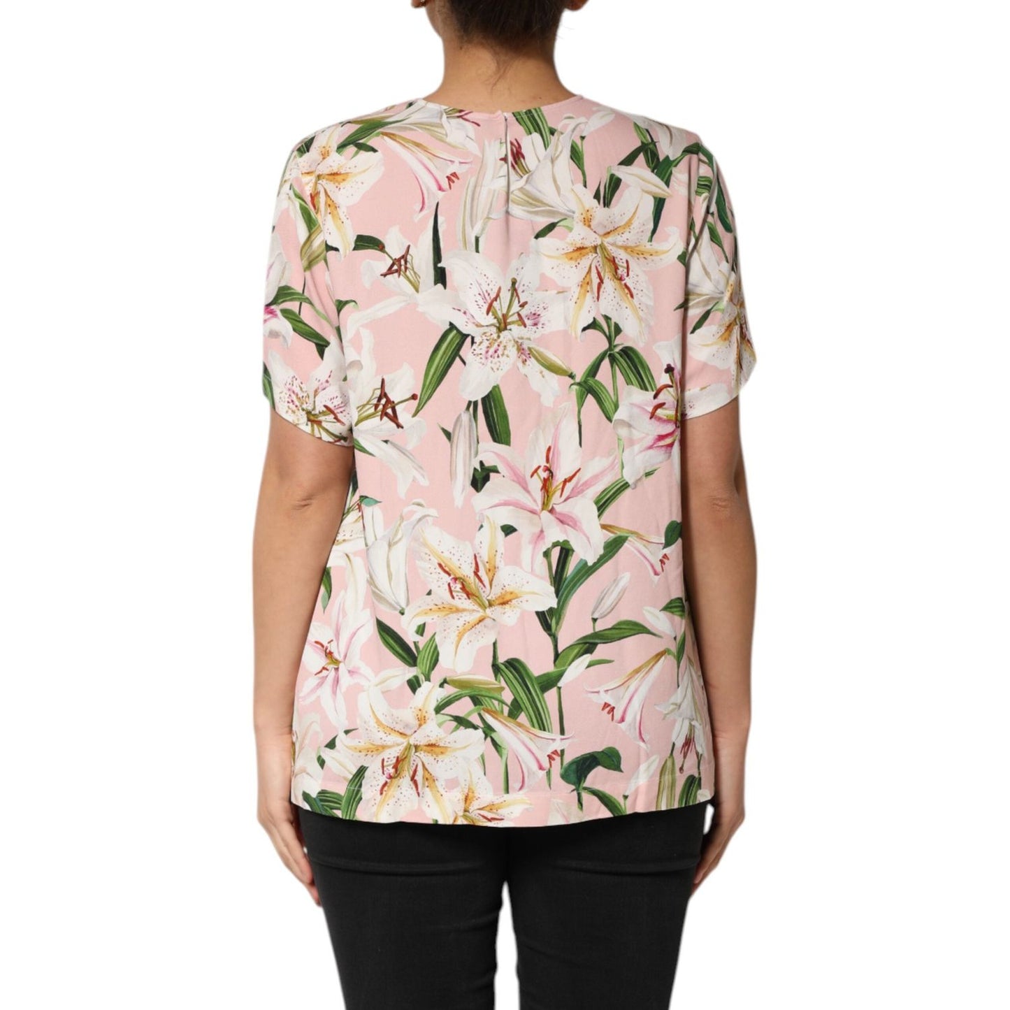 Dolce & Gabbana Pink Lily Printed Round Neck Blouse Top TSH90593-50