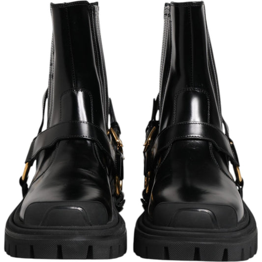 Dolce & Gabbana Black Leather Chelsea Men Short Boots Shoes MV7689-36