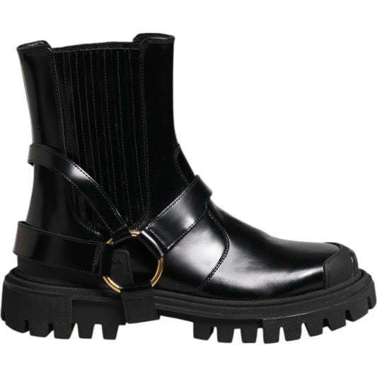 Dolce & Gabbana Black Leather Chelsea Men Short Boots Shoes MV7689-36