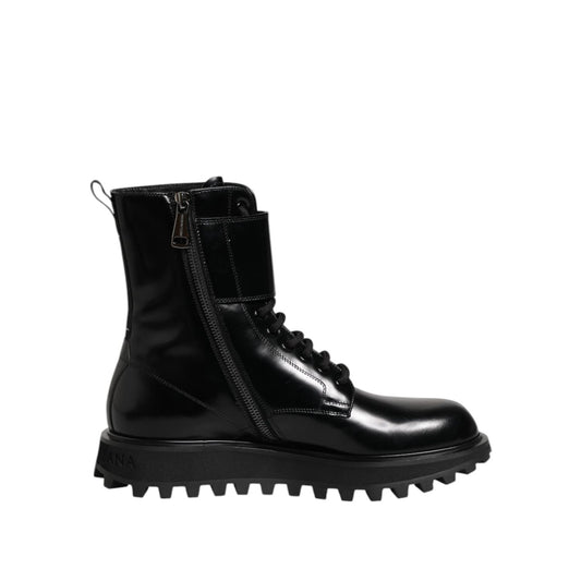 Dolce & Gabbana Black Leather Lace Up Mid Calf Boots Shoes MV7735-42