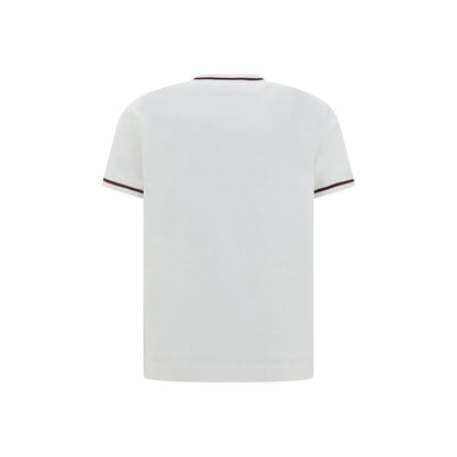 Brunello Cucinelli White Cotton T-Shirt with ribbed crew neck and brand monogram, showcasing a sleek back design with side slits.