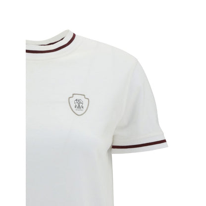 Brunello Cucinelli White Cotton T-Shirt with ribbed crew neck and brand monogram on front, featuring side slits and monochrome pattern.