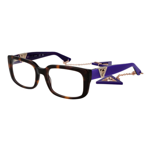 Guess Brown Women Glasses Frame, acetate full-rim rectangle style with brown and demo lenses, includes branded case, spring hinge.