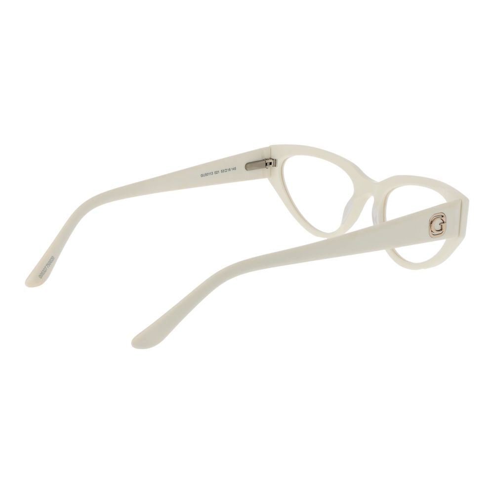 Guess White Women Glasses Frame in white acetate with full-rim cat-eye style, demo lenses, and branded case. Model size 53-18-145.