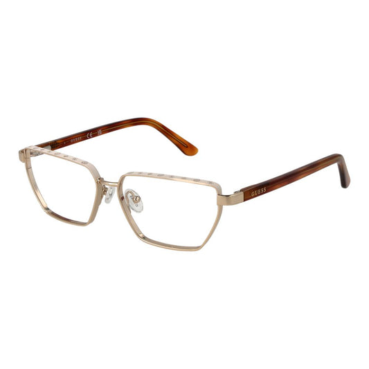 Guess Gold Women Glasses Frame, gold metal full-rim butterfly style with demo lenses, size 55-14-140, includes branded case.