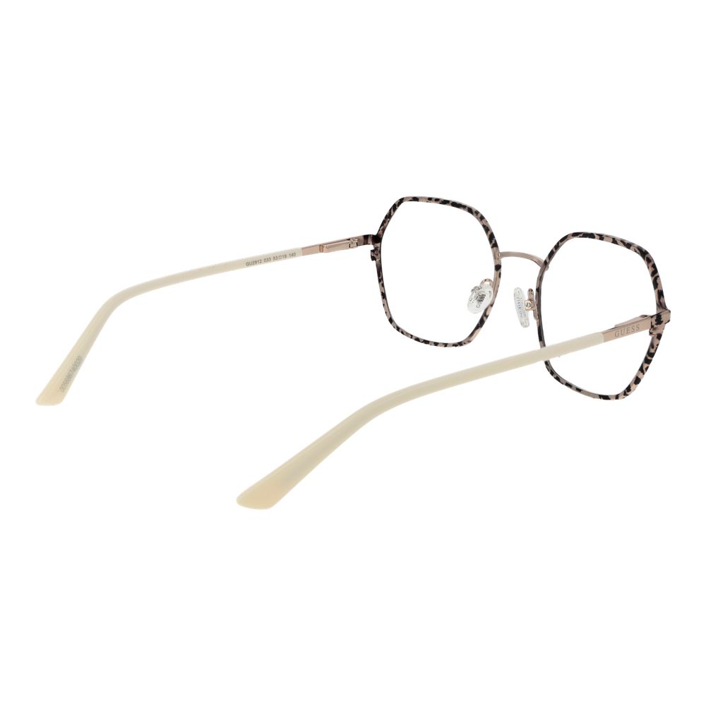 Guess Gold Women Glasses Frame with metal square full-rim design, demo plastic lenses, and spring hinges, includes branded case.