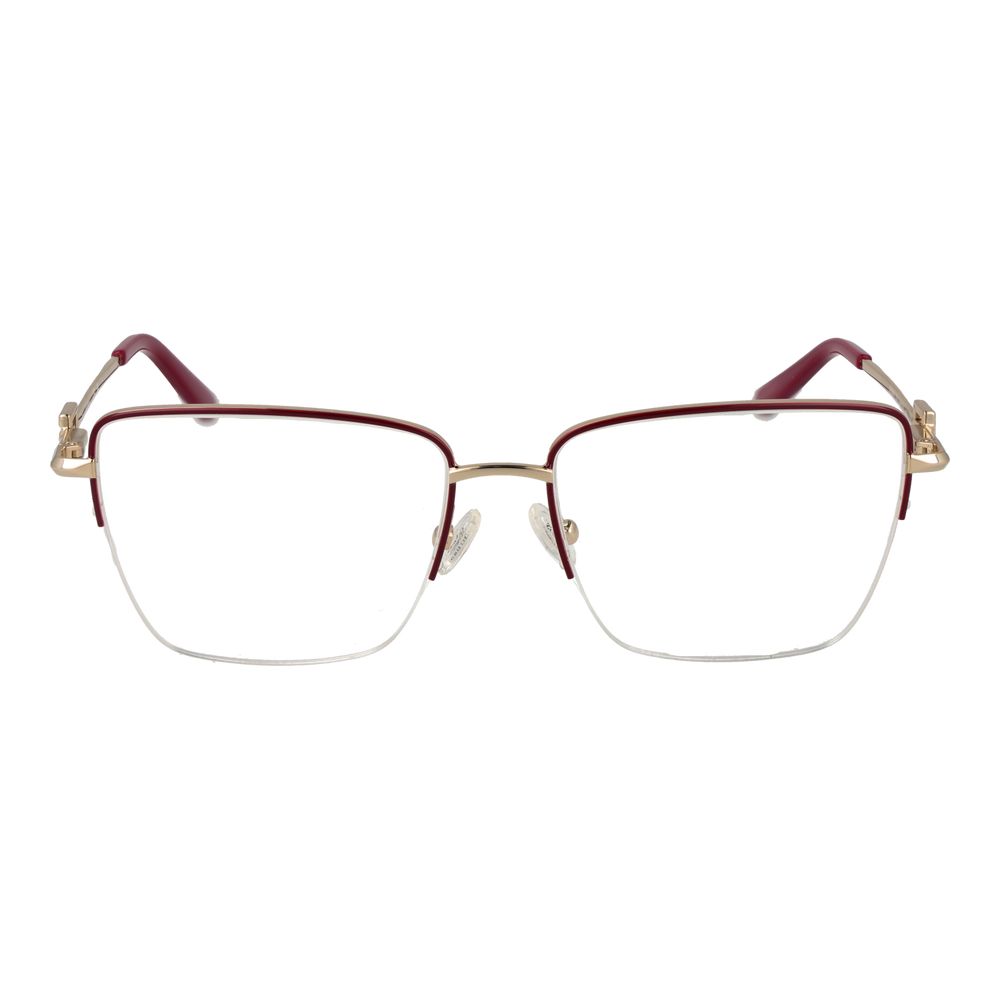 Guess Red Women Glasses Frame, metal half-rim with demo lenses, red color, rectangle style, includes branded case.