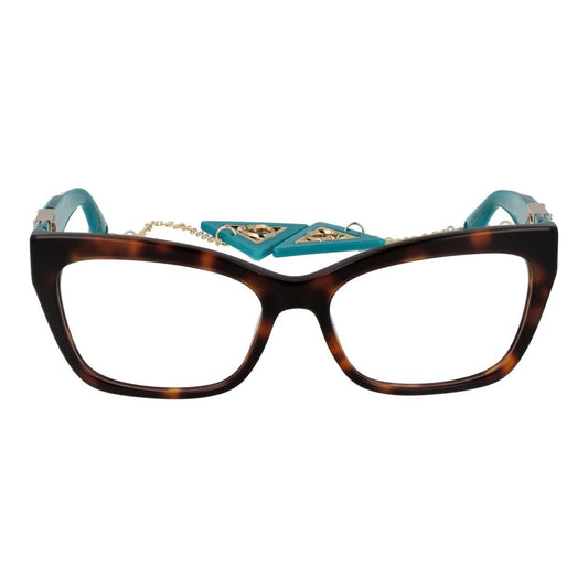 Guess Brown Women Glasses Frame with acetate full-rim style, demo lenses, spring hinge, and rectangle shape.