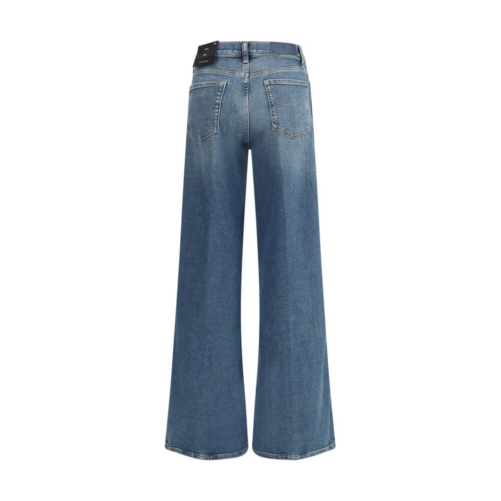 Back view of 7FOR Blue Cotton Flared Jeans showcasing wide leg and vintage-inspired design, made from soft Luxe Vintage denim, five-pocket style.