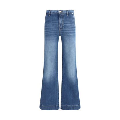 7FOR Blue Cotton Flared Jeans, modern Jojo design, featuring flared cut, zipper closure, and back patch pockets. Ideal for contemporary looks.