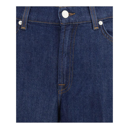 Close-up of 7FOR Blue Cotton Jeans Denim with five-pocket design and zip-front closure.