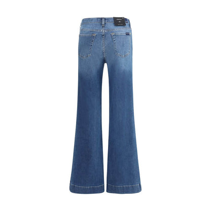 Back view of 7FOR Blue Cotton Flared Jeans with patch pockets and modern silhouette, composed of 98% cotton and 2% elastane, ideal for AW25 season.