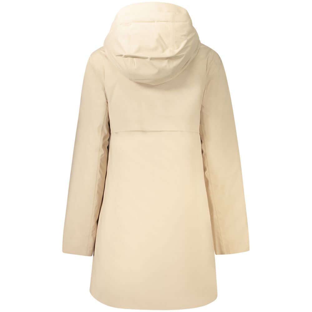 Back view of K-WAY Beige Polyester Jackets & Coat with hood and long sleeves.