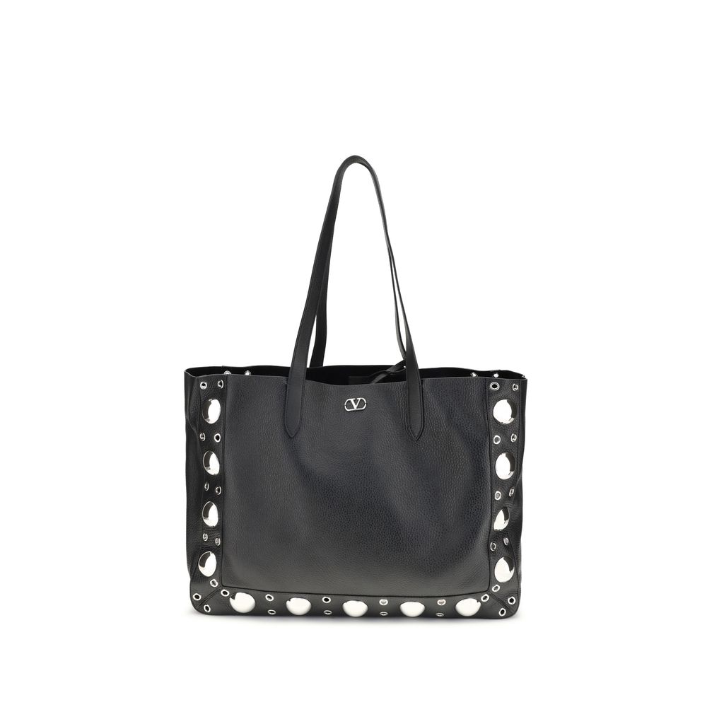 Valentino Garavani Black Calf Leather Bos Taurus Shoulder Bag with metal studs and Signature VLogo for elegance and practicality.