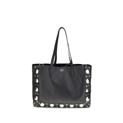Valentino Garavani Black Calf Leather Bos Taurus Shoulder Bag with metal studs and Signature VLogo for elegance and practicality.