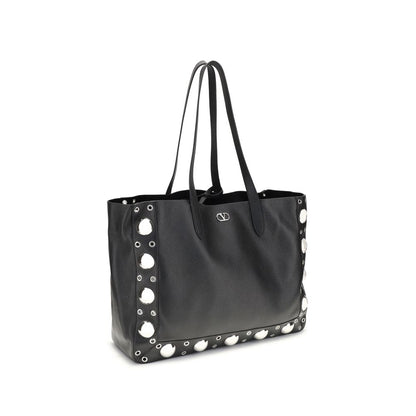 Valentino Garavani Black Calf Leather Bos Taurus Shoulder Bag with ball studs and rivets, showing elegance and modern style.