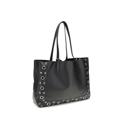 Valentino Garavani Black Calf Leather Bos Taurus Shoulder Bag with metal studs, black handle, and elegant design.