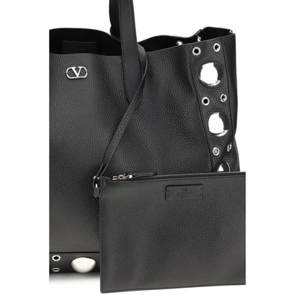 Valentino Garavani Black Calf Leather Bos Taurus Shoulder Bag with VLogo, ball studs, and removable pouch.