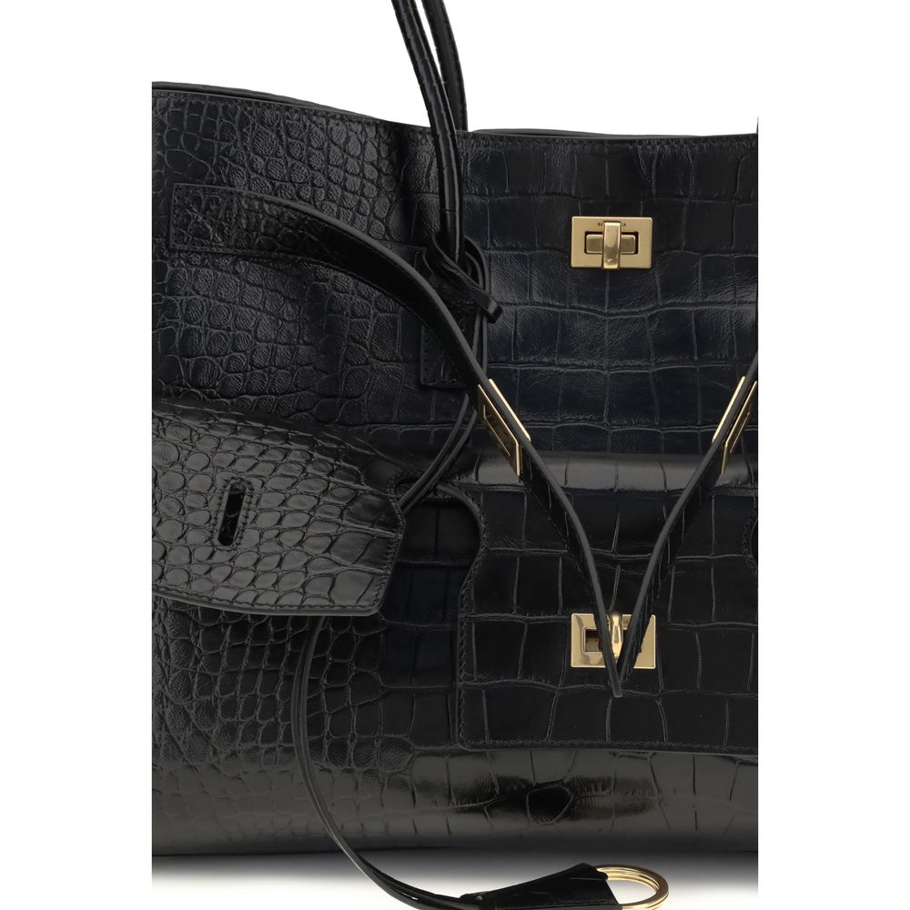 Balenciaga Black Calf Leather Bos Taurus Shoulder Bag with crocodile-effect leather and gold hardware