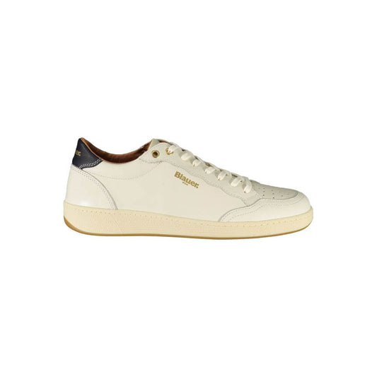 Blauer White Leather Men Sneaker with blue accents and bold logo, featuring cushioned removable insole for comfort and style.