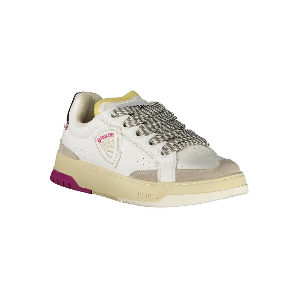 Blauer White Leather Women Sneaker with grey and fuchsia accents, featuring a removable insole for comfort and a bold logo design.