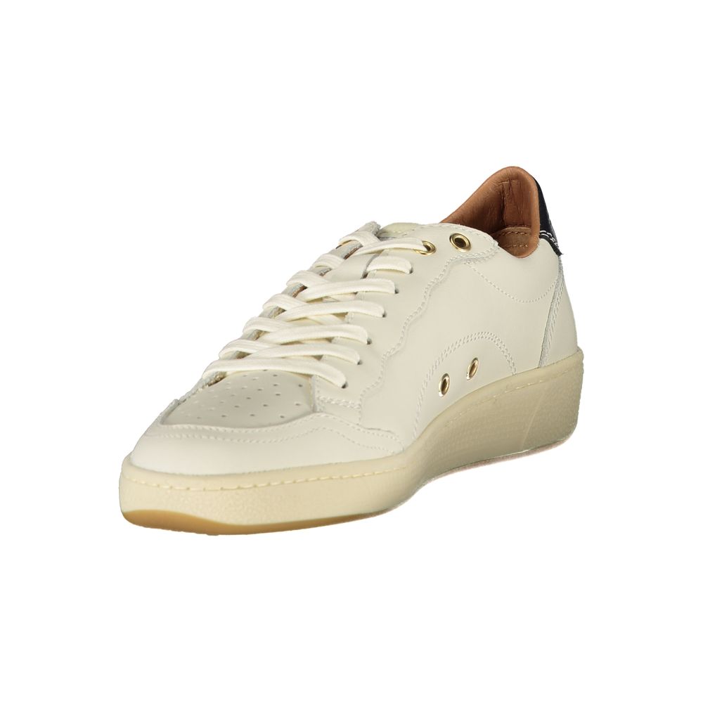 Blauer White Leather Women Sneaker with black accents and luxury branding, offering comfort and style with removable footbed.