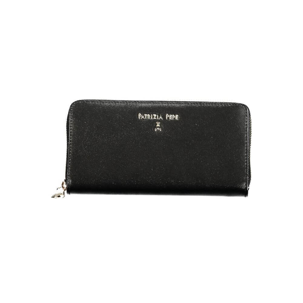 Patrizia Pepe Black Leather Wallet with zip closure, 6 compartments, card slots, and coin purse, showcasing brand logo.