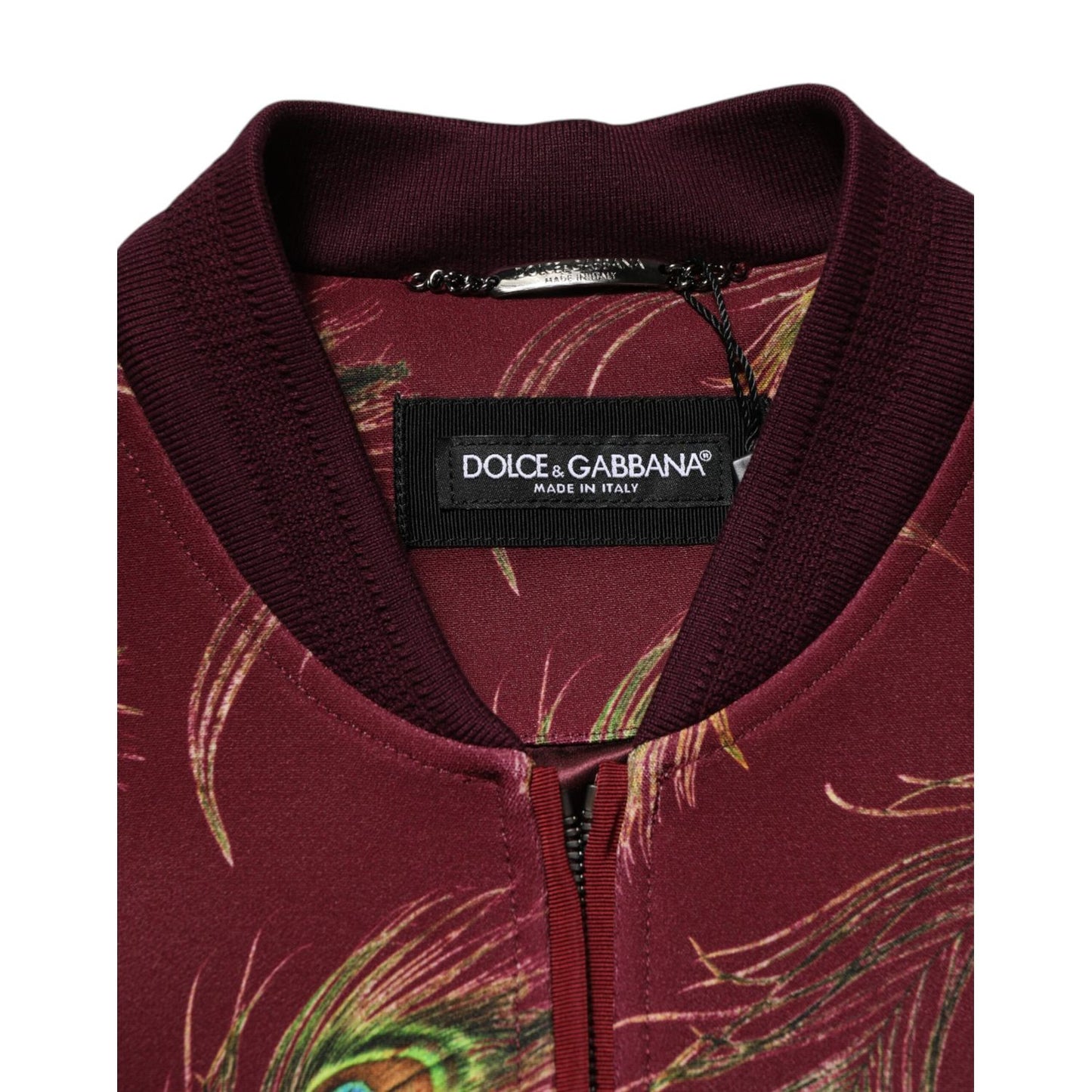 Dolce & Gabbana Maroon Peacock Feather Print Bomber Jacket