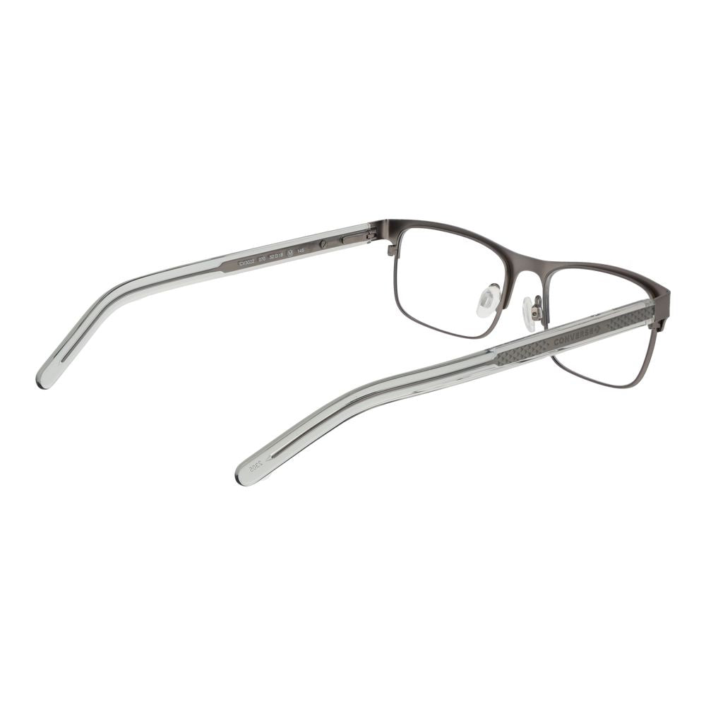 Converse Gray Men Glasses Frame in full-rim rectangle style, grey acetate material, demo lenses, includes branded case, size 52-18-145.