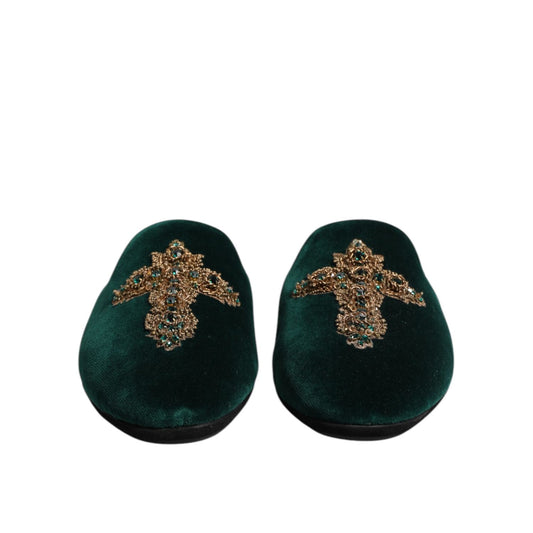 Dolce & Gabbana Green Velvet Cross Embellished Slippers Shoes MV7624-39