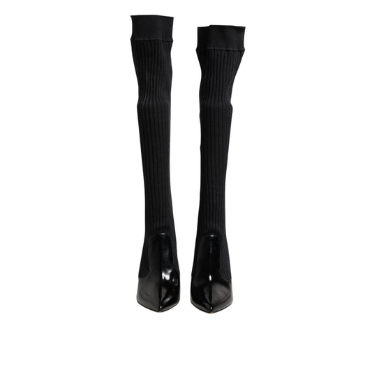 Dolce & Gabbana Black Leather Ribbed Knit Knee Boots Shoes LA11448-40