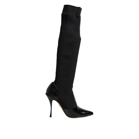 Dolce & Gabbana Black Leather Ribbed Knit Knee Boots Shoes LA11449-38