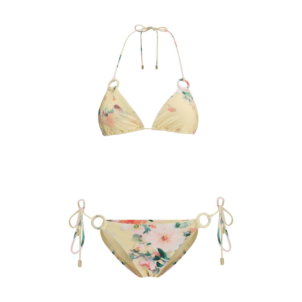 Zimmermann Yellow Polyamide Bikini with floral pattern and adjustable knot closures, elegant Everley design for beach or pool wear.