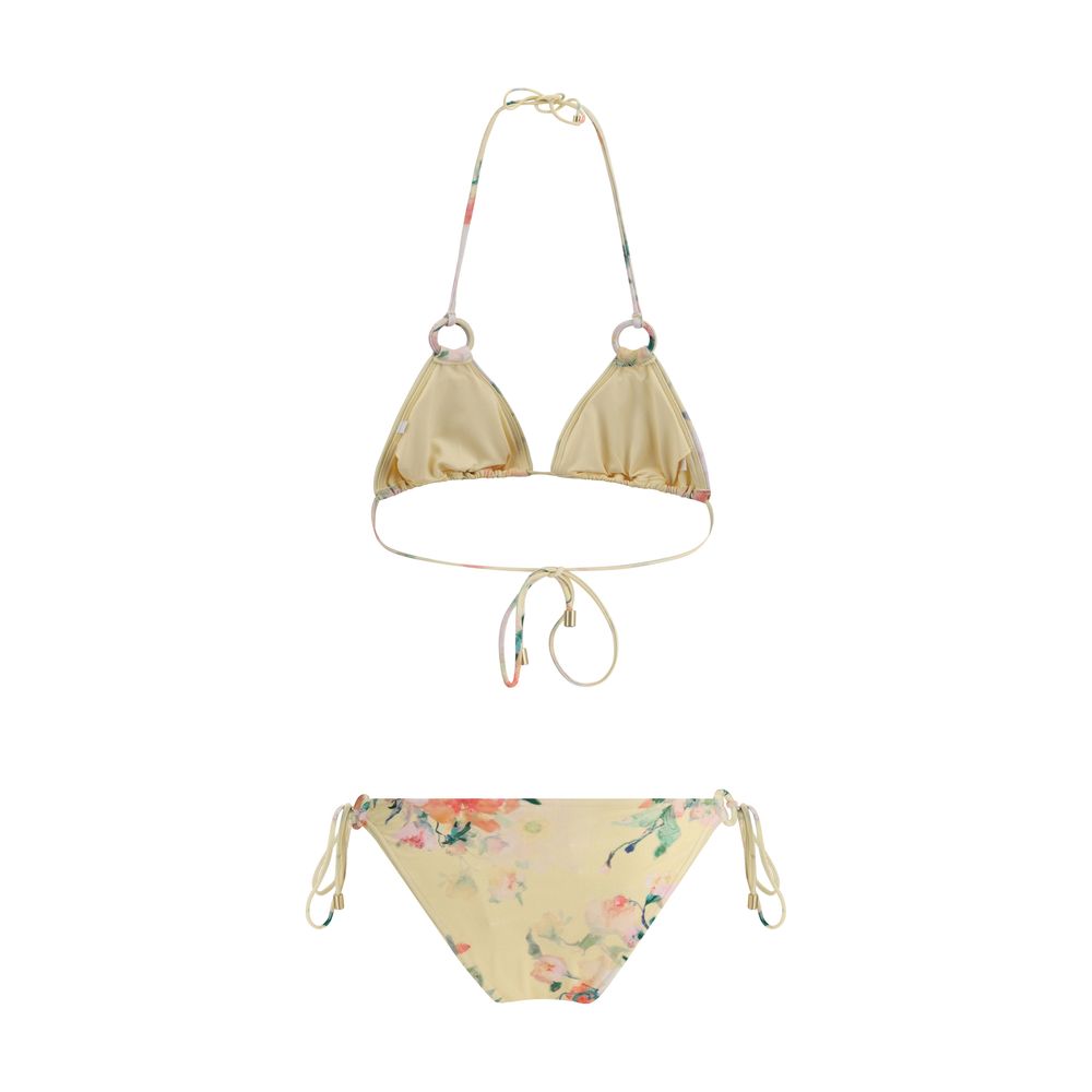 Zimmermann Yellow Polyamide Bikini with floral pattern, featuring American neckline and adjustable knot closures for a feminine design.