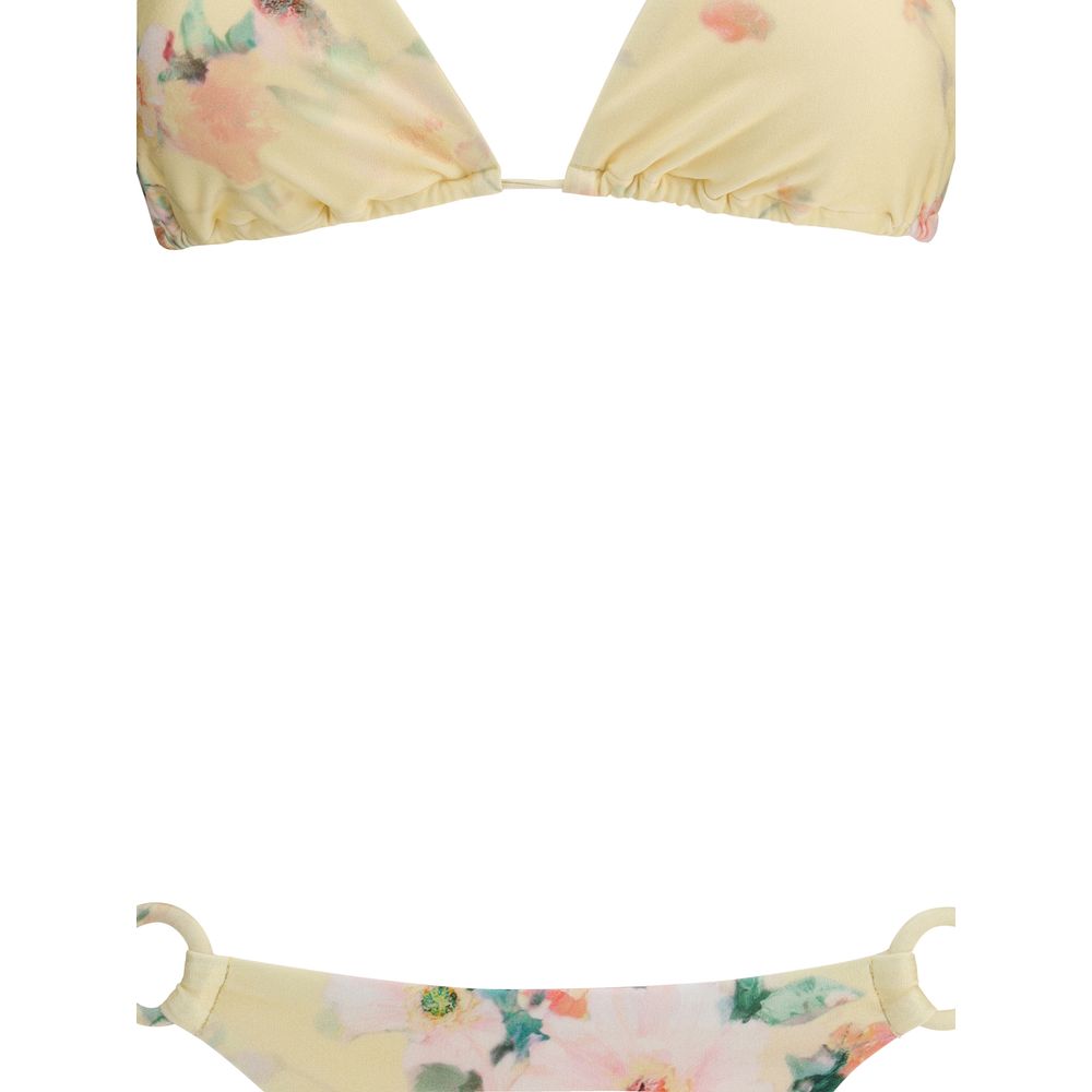 Zimmermann Yellow Polyamide Bikini with floral pattern, featuring adjustable knot closures and an elegant American neckline.